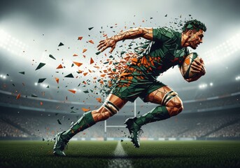 Dynamic polygonal rugby player shattering on field during intense match