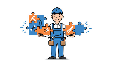 Smiling handyman in overalls holding puzzle pieces with tools in office uniform