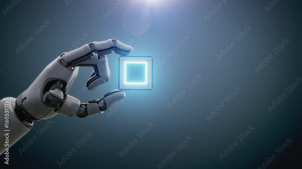 Fototapete Futuristic Concept of Humanity and Artificial Intelligence Cooperation: Visualization of Human Giving Motherboard CPU Processor to Robot. Computer Microchip for Data Processing. Human-Machine Teamwork