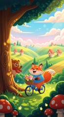 Obraz premium Cheerful fox and bear enjoy a sunny day in a vibrant countryside setting