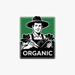 Farmer happy with organic product emblem icon logo flat vector design