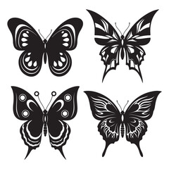 Obraz premium Monochrome Vector Set of Four Butterflies with Various Wing Patterns A Collection of Black and White Butterfly Silhouettes