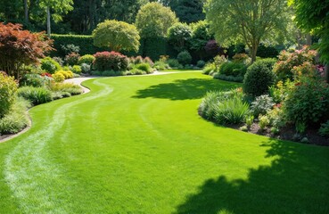 Beautifully manicured green garden with vibrant, rich grass, offering serene, natural-looking landscape. Features high-quality artificial turf installation perfect for backyard relaxation, outdoor