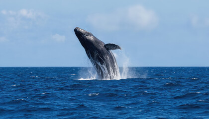 Fototapeta premium Majestic humpback whale breaches from blue ocean surface. Massive mammal leaps high, creating water splash and spray. Wildlife nature scene with vast sea, clear sky. Oceanography, marine biology.