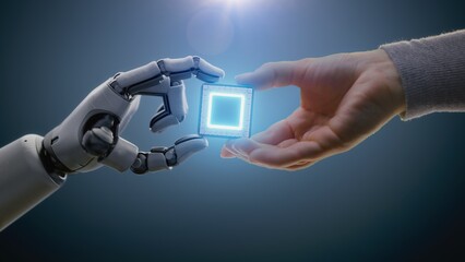 Futuristic Concept of Humanity and Artificial Intelligence Cooperation: Visualization of Human Giving Motherboard CPU Processor to Robot. Computer Microchip for Data Processing. Human-Machine Teamwork