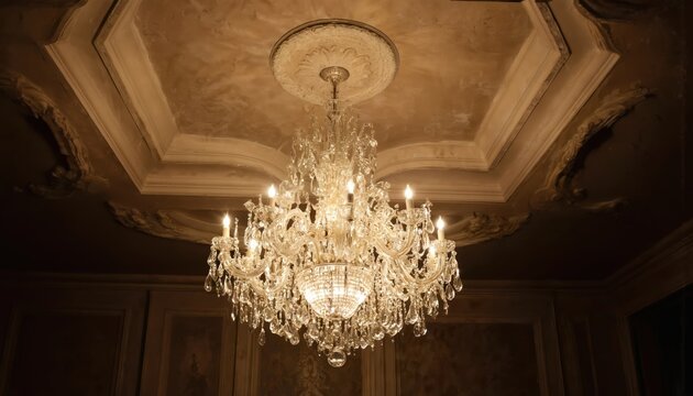 Grand crystal chandelier with numerous glass drops illuminates ornate ceiling. Elegant light fixture features vintage metal frame with candle-style bulbs, creating warm, luxurious ambiance in classic - Powered by Adobe