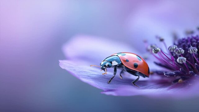 insecto marquita rojo y negro posado en una flor malva con fondo violeta en primavera