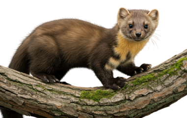 European pine marten on tree trunk, transparent PNG. Martes martes.