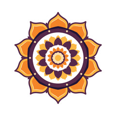 Vibrant mandala design with orange and purple petals on white background and copy space
