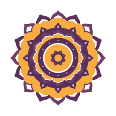 Elegant mandala pattern with purple and orange tones on white background and copy space
