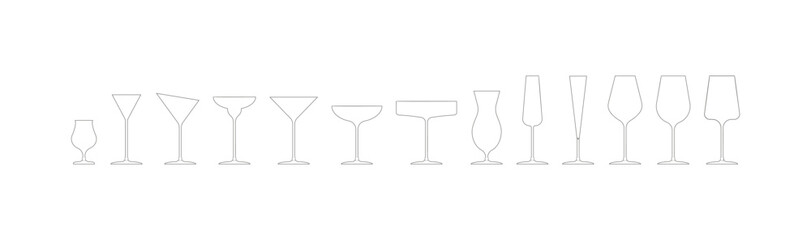 Various alcohol cocktail glasses bar set. Isolated Glasses of wine, cocktails. Vector illustration. EPS10