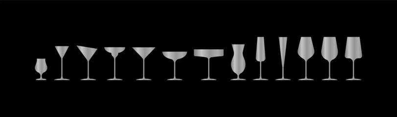 Various silver gradient alcohol cocktail glasses bar set. Isolated Glasses of wine, cocktails. Vector illustration. EPS10