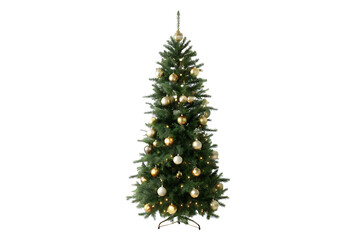 christmas tree with golden ornament isolated on white background, png, ai generated.