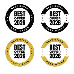 Best Offer 2026 Badge Vector Set – Modern Black and Gold Round Promotional Label Icons for Future Discounts and Ecommerce Banners