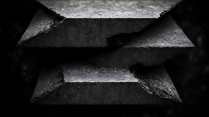 Stacked, fractured concrete slabs in dark setting