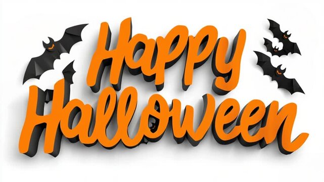 Cartel o anuncio con inscripcion en naranja " Happy Halloween", con murcielagos de dibujos animados 3d moviendose sobre fondo blanco