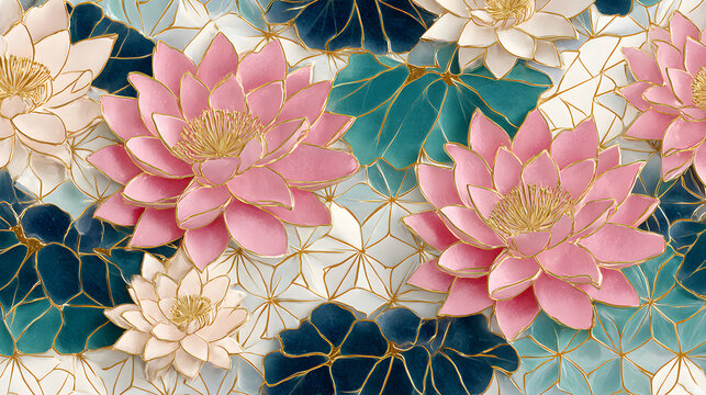 Pastel Dreams: Geometric Elegance of Asanoha and Lotus in Pink, Teal, and Cream