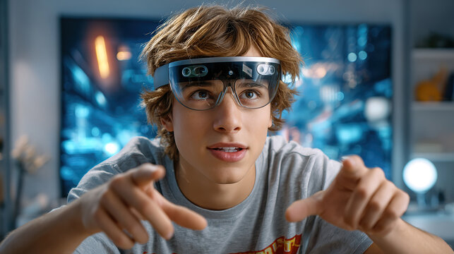 Young man wearing augmented reality glasses in a futuristic scene gestures forward.
