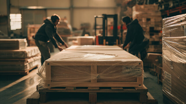 Two workers are moving a large wooden crate in a busy warehouse environment, focused on the details of industrial logistics.