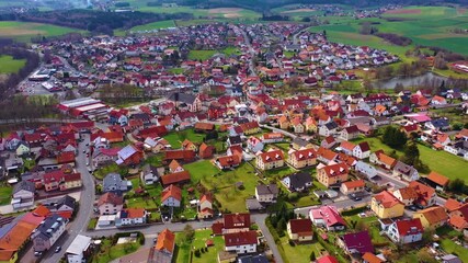 Aerial view of the village Flieden in Germany, hesse on an sunny early spring day