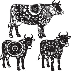 Black and White Cow Silhouettes Intricately Decorated with Mandala Patterns Folk Art Aesthetic in a Variety of Poses