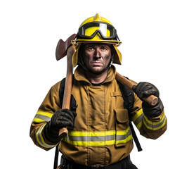 A Forest Firefighter in Full Gear Standing with a Pulaski After Battling a Wildfire on isolated transparent background.
