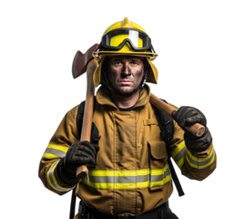 A Forest Firefighter in Full Gear Standing with a Pulaski After Battling a Wildfire on isolated transparent background.