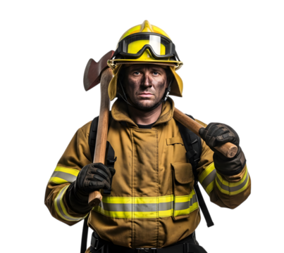 A Forest Firefighter in Full Gear Standing with a Pulaski After Battling a Wildfire on isolated transparent background.