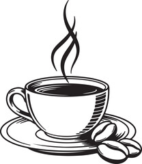Elegant Coffee Cup Illustration with Steam Rising and Coffee Beans Accompanying the Saucer Depicting Artistic Simplicity