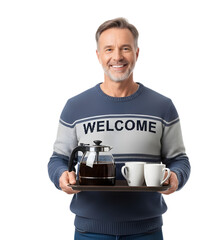 A Friendly Bed and Breakfast Innkeeper Offering a Welcome Tray with a Fresh Pot of Coffee on isolated transparent background.