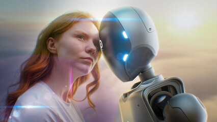 Futuristic Human-Machine Concept: Visualization of Young Woman Gently Touching Foreheads with...