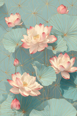 Pastel Dreams: Geometric Elegance of Asanoha and Lotus in Pink, Teal, and Cream