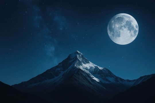 Surreal Mountain Landscape with Crescent Moon and Galaxy Sky - Powered by Adobe
