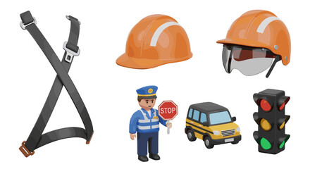 Safety Gear and Transportation Elements: 3D Rendered Objects for Workplace or Educational Use