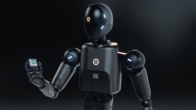 Artificial Intelligence Future Digitalization Concept: Visualization of Advanced Humanoid Robot Holding Motherboard CPU Processor with AI Symbol. Computer Microchip for Data Information Processing.