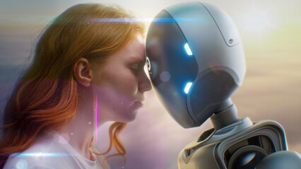 Futuristic Human-Machine Concept: Visualization of Young Woman Gently Touching Foreheads with...