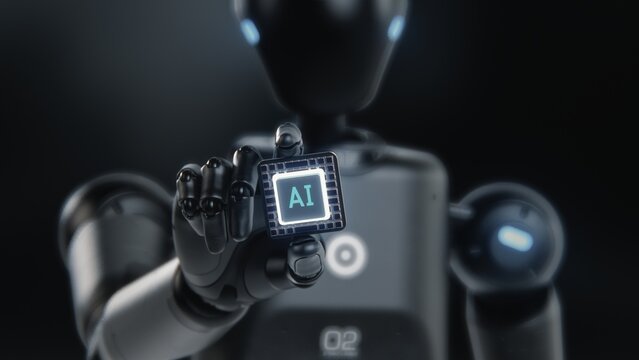 Visualization of High-Tech Humanoid Robot Holding Computer Microchip for Data Information Processing. Motherboard CPU Processor with AI Symbol. Futuristic Artificial Intelligence Technology Concept.
