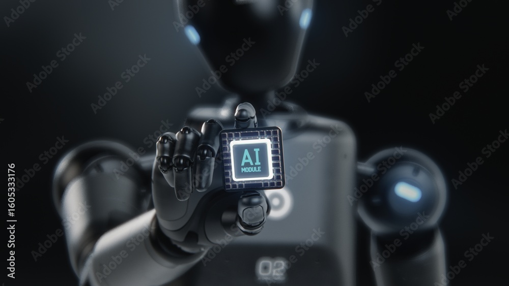 Fototapete Artificial Intelligence Future Digitalization Concept: Visualization of Advanced Humanoid Robot Holding Motherboard CPU Processor with AI Symbol. Computer Microchip for Data Information Processing.
