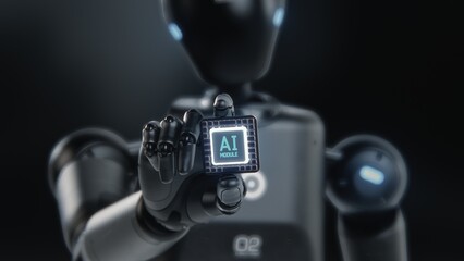 Artificial Intelligence Future Digitalization Concept: Visualization of Advanced Humanoid Robot Holding Motherboard CPU Processor with AI Symbol. Computer Microchip for Data Information Processing.