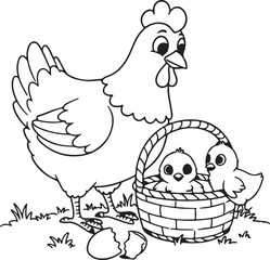 Charming Hen and Chicks Illustration A Mother's Love Depicted in Black and White
