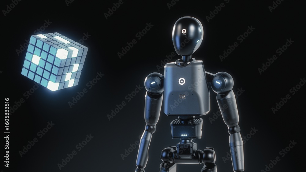 Fototapete Visualization of High-Tech Humanoid Robot Interacting with Levitating Hologram of Digital Cube, Showcasing Artificial Intelligence. Futuristic Concept of Advanced Robotics, Virtual Data Digitalization