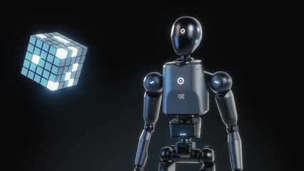 Visualization of High-Tech Humanoid Robot Interacting with Levitating Hologram of Digital Cube, Showcasing Artificial Intelligence. Futuristic Concept of Advanced Robotics, Virtual Data Digitalization