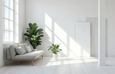 Minimalist white living space features modern grey sofa with plush pillows, accented by vibrant green indoor plants. Sunlight streams through large window, casting geometric shadows on clean wooden