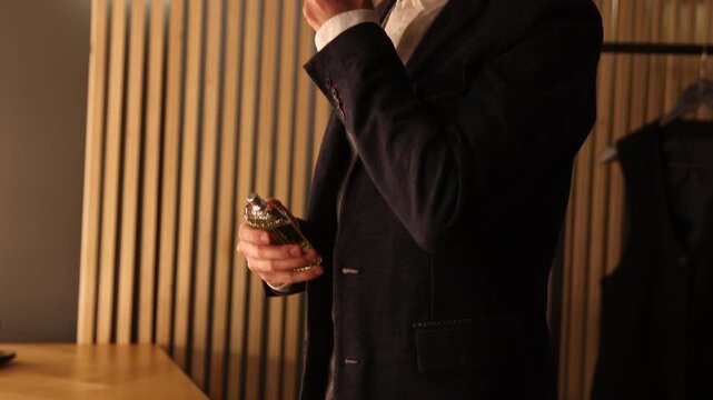 Handsome man spraying perfume while getting ready at dressing table indoors, camera moving