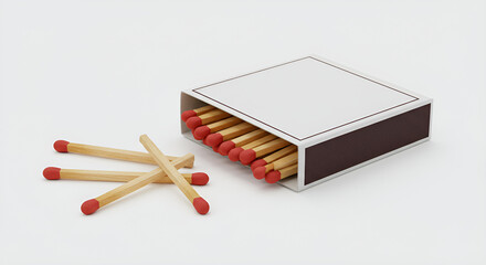 Open matchbox with wooden matches spilling out on a clean white background. The red heads and simple composition emphasize everyday utility.