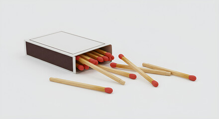 Open matchbox with wooden matches spilling out on a clean white background. The red heads and simple composition emphasize everyday utility.