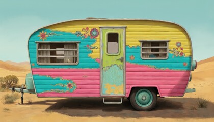 Vibrant retro caravan painted turquoise, pink, yellow, with floral patterns. This vintage camper van, set in desert landscape, evokes nostalgic, flower child era, perfect for travel, vacation themes.