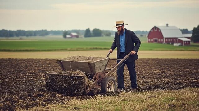 Amish Man Plowing Field With Wheelbarrow Near Red Barn And Green Landscape Under Cloudy Sky