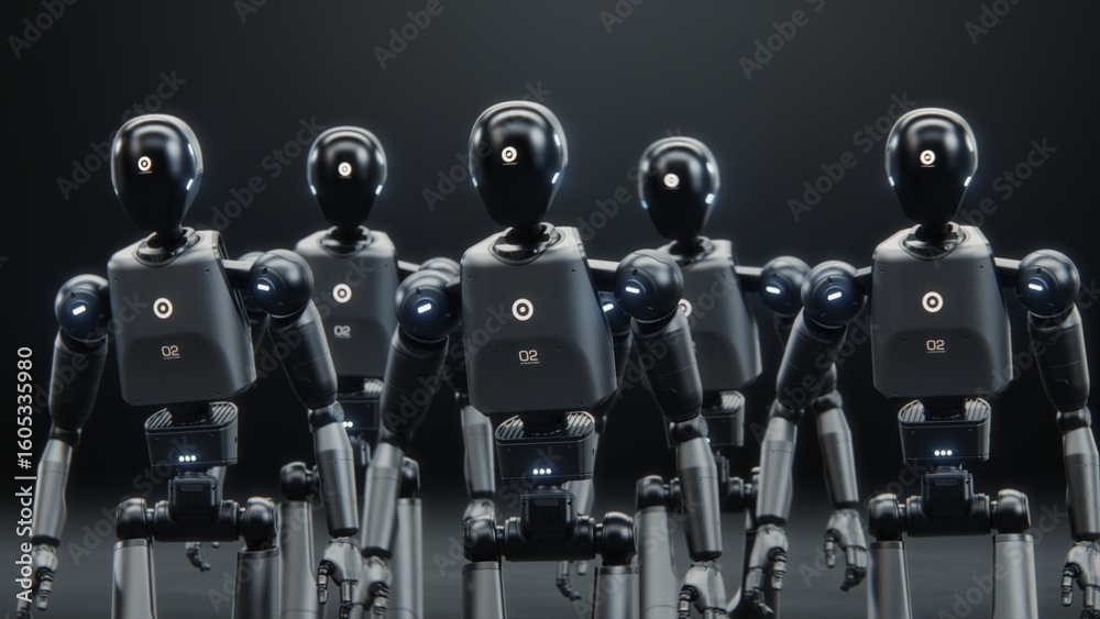 Fototapete Futuristic Visualization of Group of Advanced Humanoid Robots Marching Together Across Dark Digital Cyberspace. Artificial Intelligence, Robotics and Automation Concept. Visual Effects Animation.