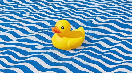 Yellow rubber duck floating on vibrant wavy blue and white water surface under bright daylight in summer